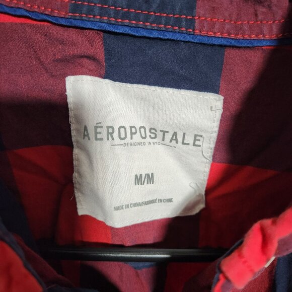 Aeropostale Button Front Shirt Mens Size Medium Red Blue Plaid Long Sleeve - Picture 3 of 4